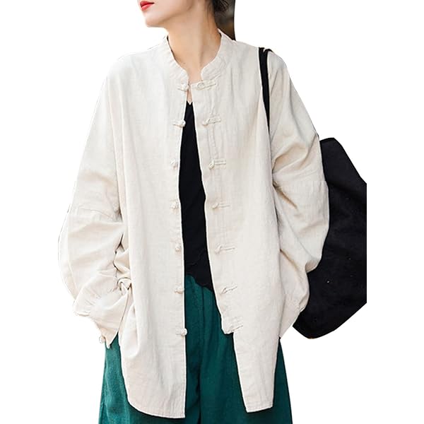Lazutom Women's Cotton Linen Frog Button Mandarin Collar Top